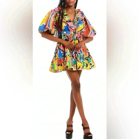 Love The Label Remy Puff Sleeve Wrap Dress Multicolor Abstract Print XS NWT - Picture 1 of 7